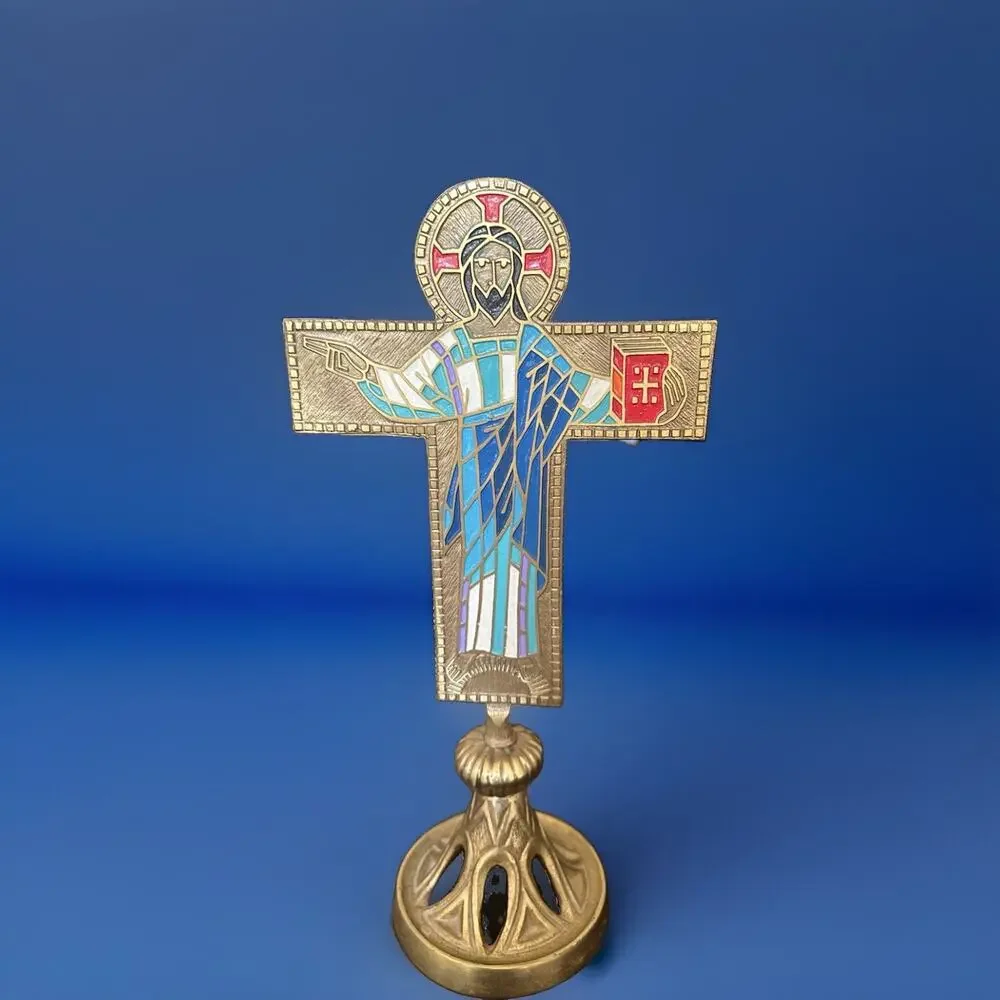 Altar Cross Brass & Enamel Crucifix Terra Sancta Handmade Israel 13” Mid Century